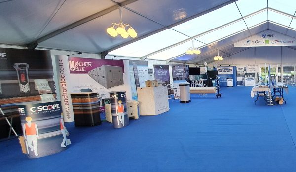 Exhibitor stands in the CoverMaqrue Temporary Structure Suppliers' Pavilion at the Showman's Show 2019